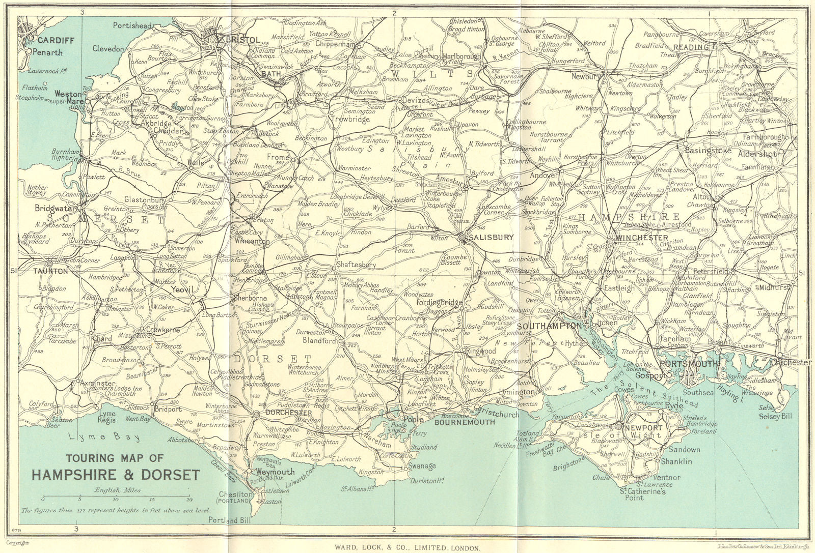 TOURING MAP OF HAMPSHIRE & DORSET. Wiltshire Somerset. WARD LOCK 1950 old